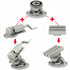 A product assembly diagram showing a silver metal bench vise and mounting base components connected by red plus signs and arrows on a white background.
