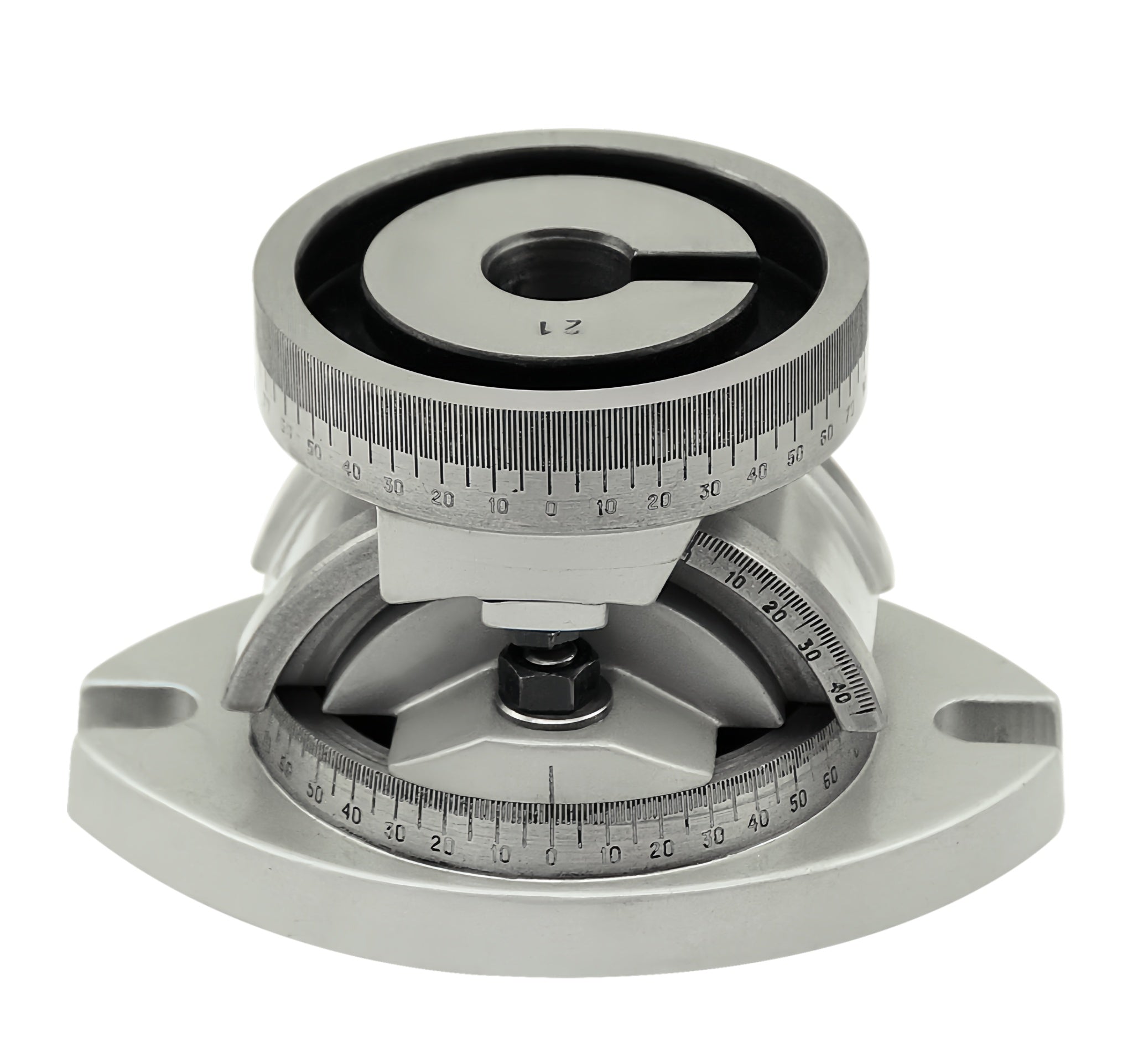 A metallic silver optical alignment or leveling tool with graduated dial rings and adjustment screws, shown on a plain white background.