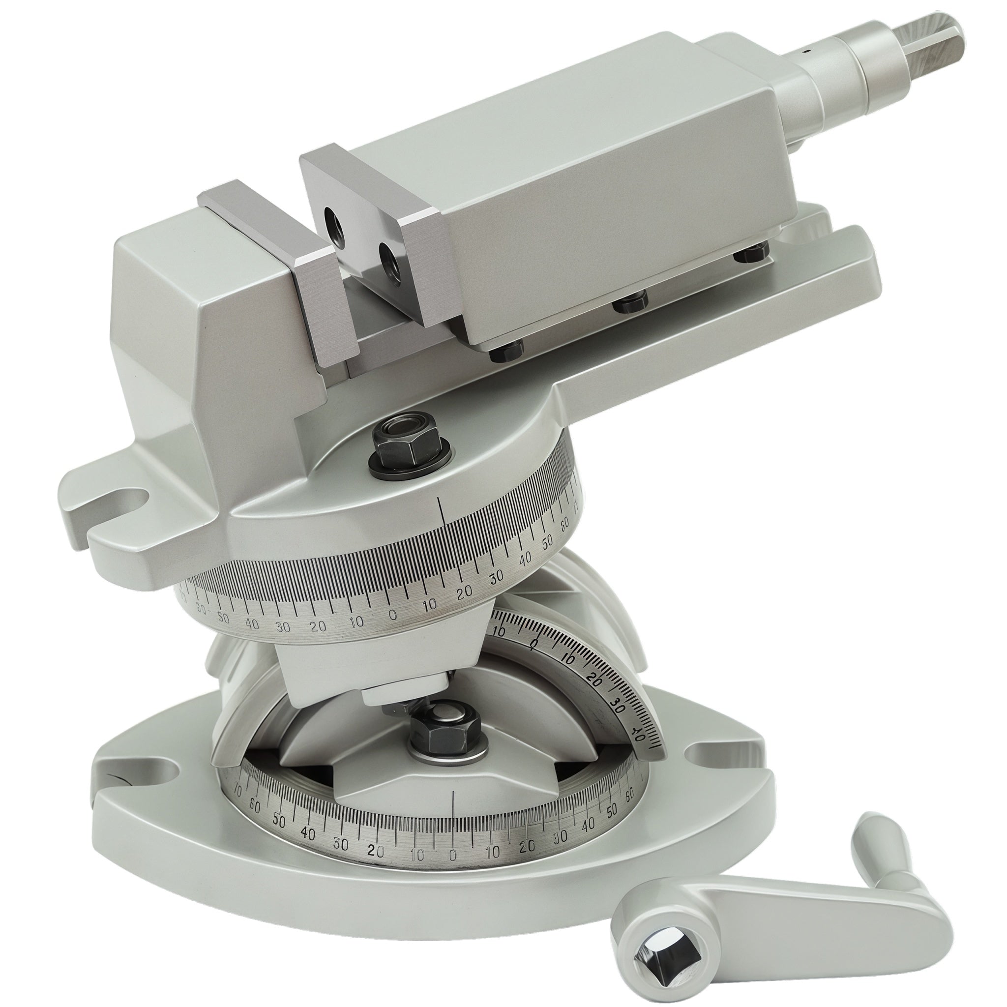 A silver metal angle clamp or rotation fixture with adjustment dials and a small separate handwheel, shown on a plain white background.