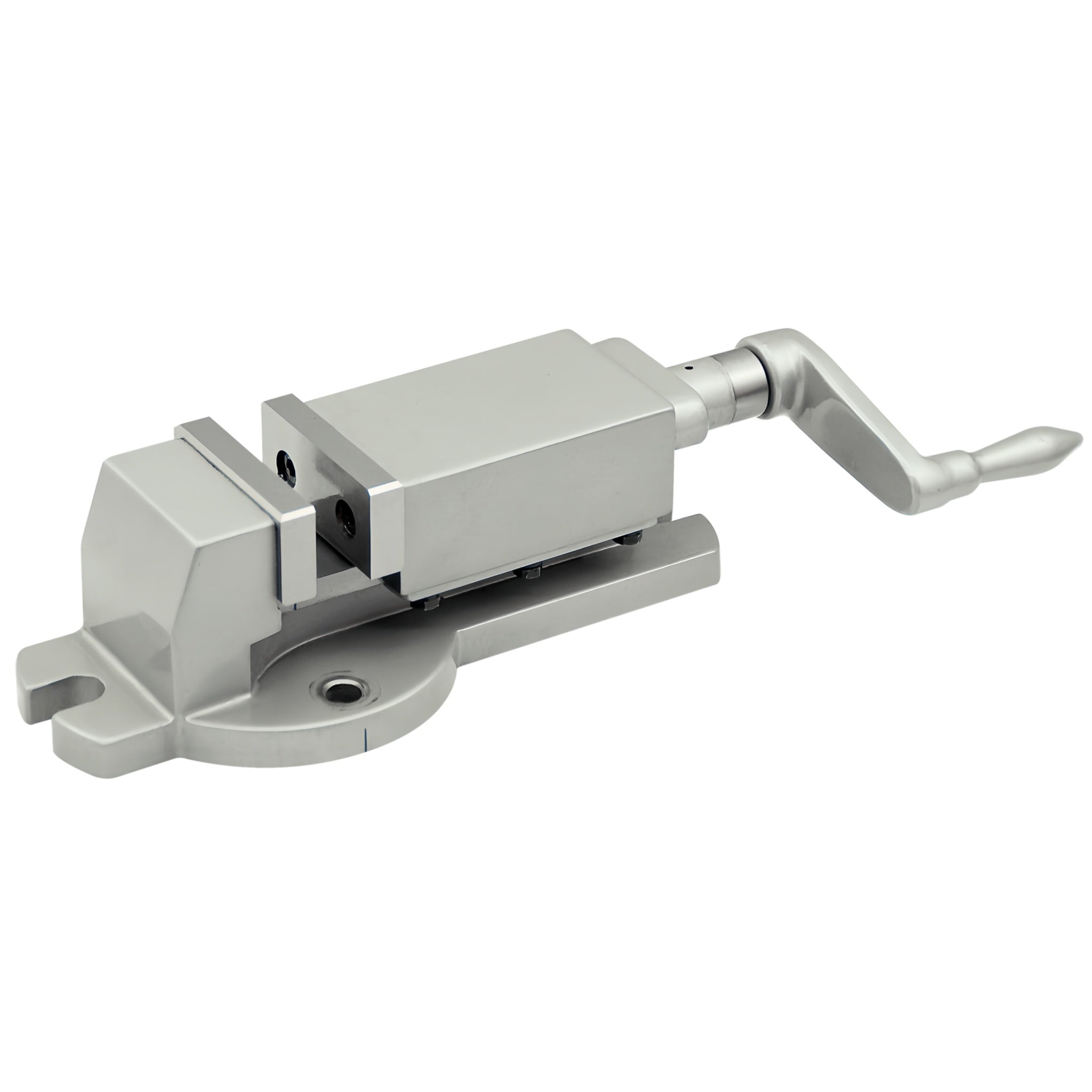 A silver metal bench vise with a hand crank handle, shown on a plain white background.