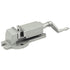 A silver metal bench vise with a hand crank handle, shown on a plain white background.