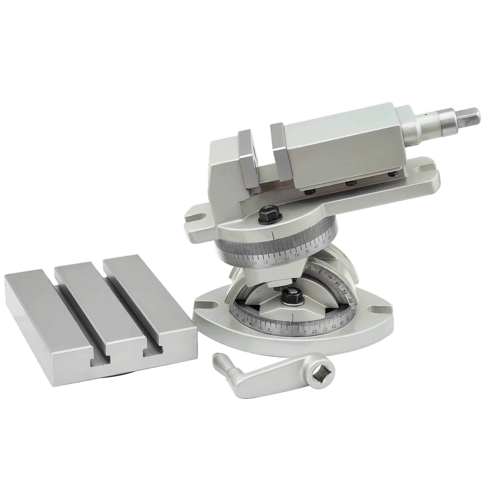 A silver-colored tilting radial and swivel milling vice with a tee slotted table, showing the vice mounted on a rotary base, with no additional accessories.
