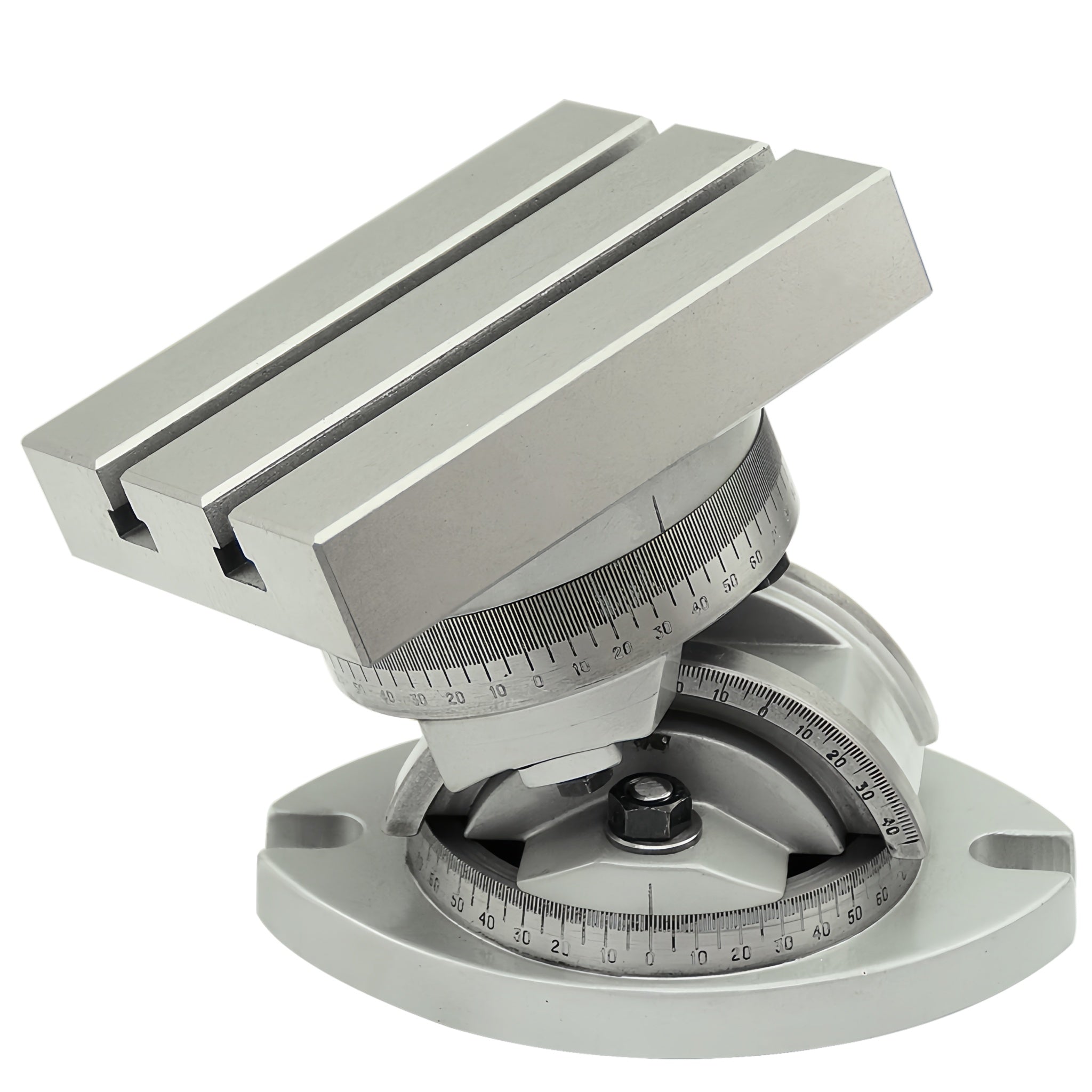 A silver metallic 3D angle-adjustable mounting bracket with precision measurement scales on its rotation axes, shown on a solid white background.