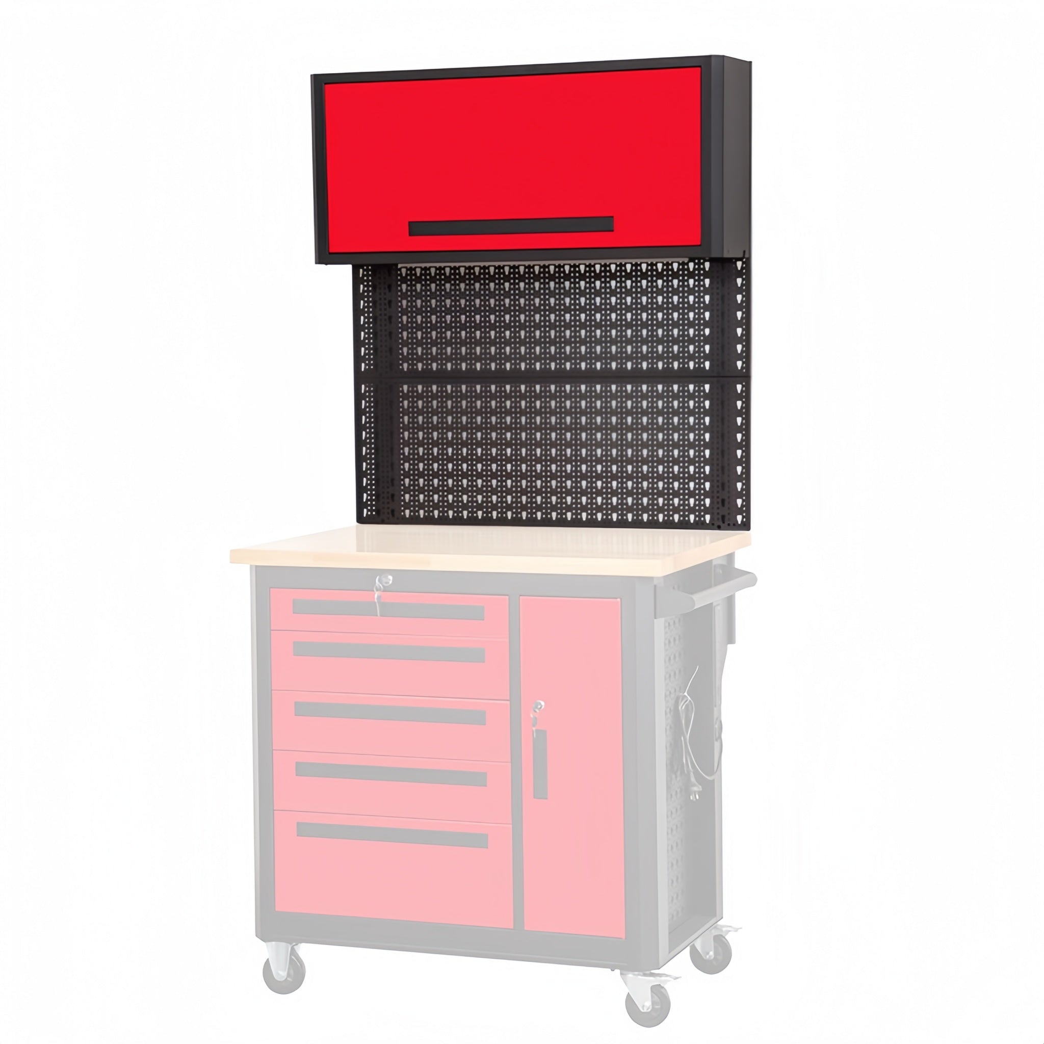 A red and black Top Cabinet with a pegboard and flip-up cabinet doors, designed to be retrofitted onto a mobile workbench.