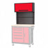 A red and black Top Cabinet with a pegboard and flip-up cabinet doors, designed to be retrofitted onto a mobile workbench.