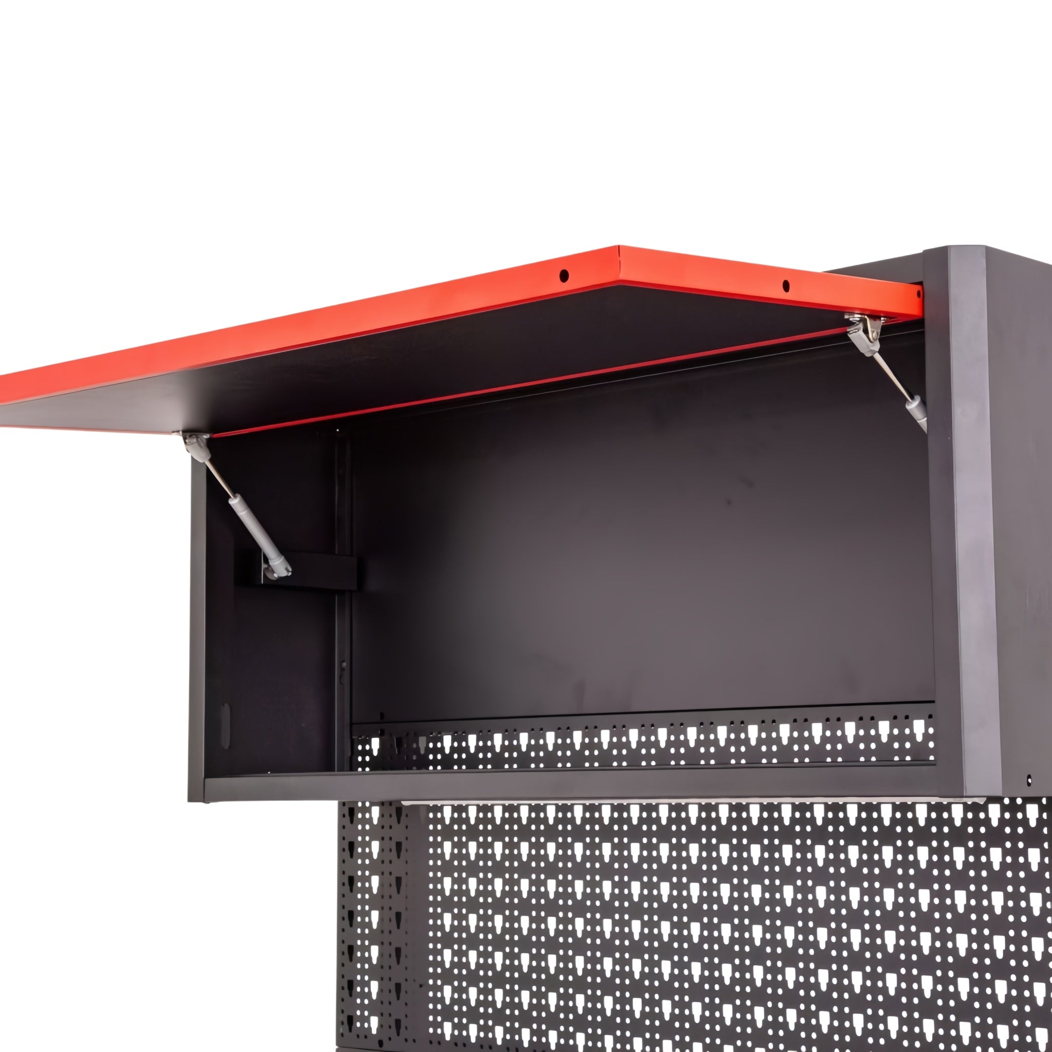 A dark gray metal utility cabinet with its top door open, supported by two silver hydraulic struts. The cabinet features a bright red top edge and a perforated metal lower panel, shown against a solid white background.