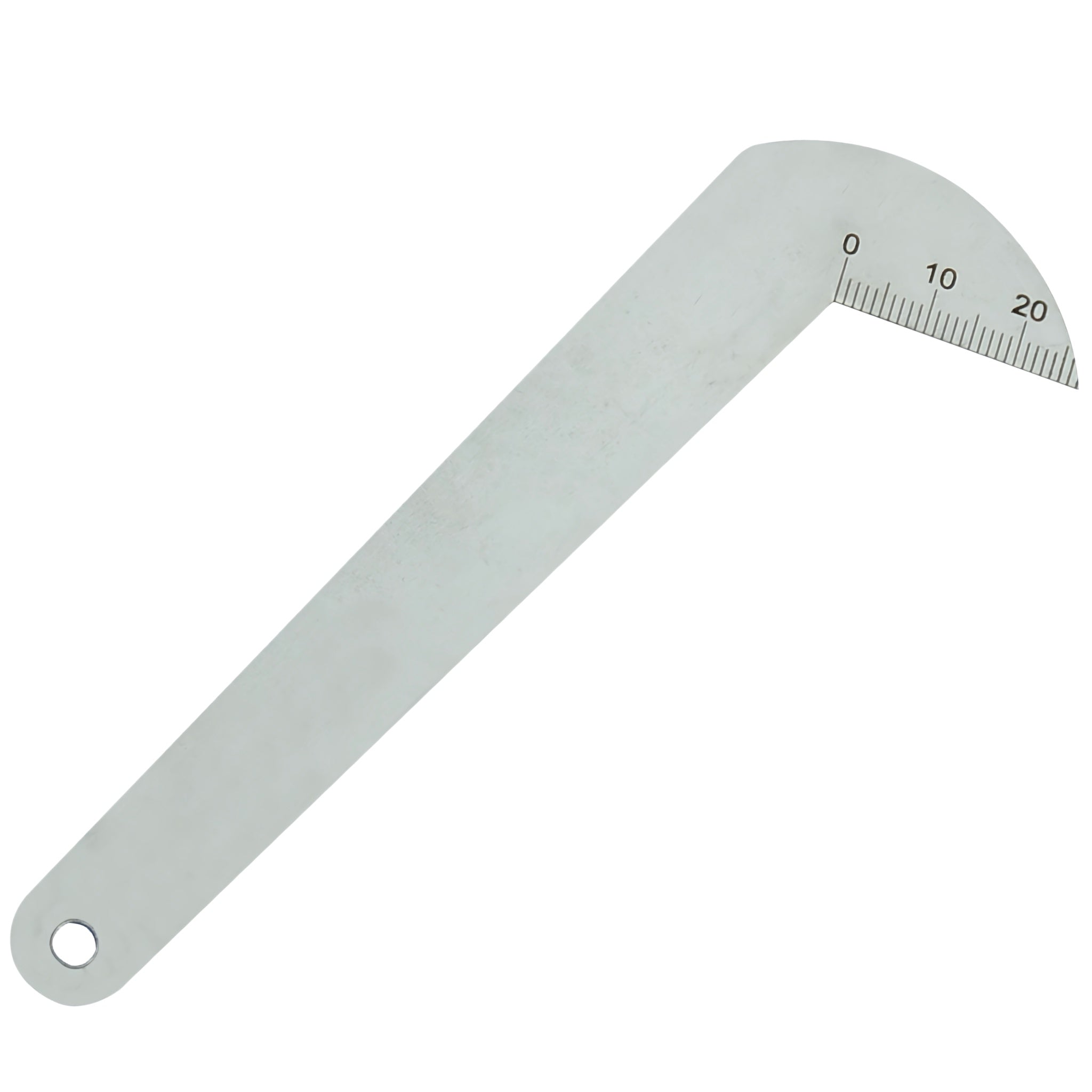 A metal drill bit gauge with a straight edge, a curved bevel marked 0 to 20, and a hanging hole at one end, shown on a plain white background.