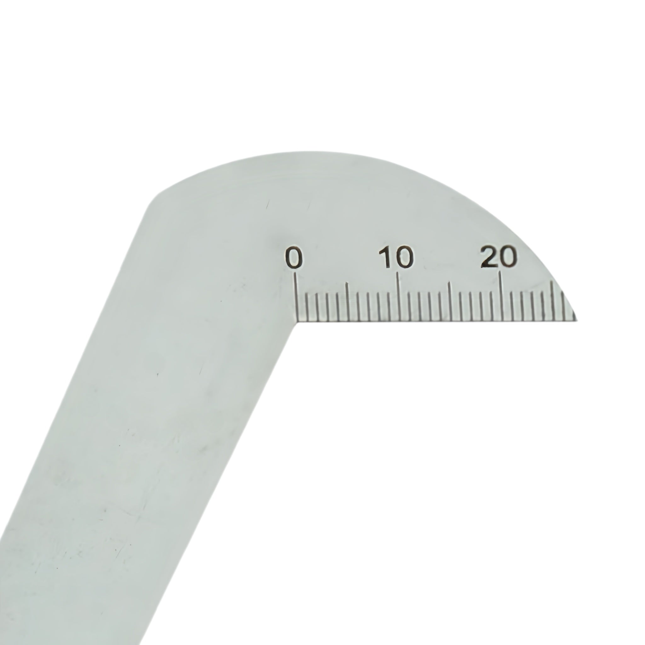 A close-up of a metal angle ruler showing a 0-10-20 millimeter scale on a plain white background.