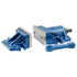 A blue cast iron bench vise with a silver metal anvil and a separate blue wrench, shown on a plain white background.