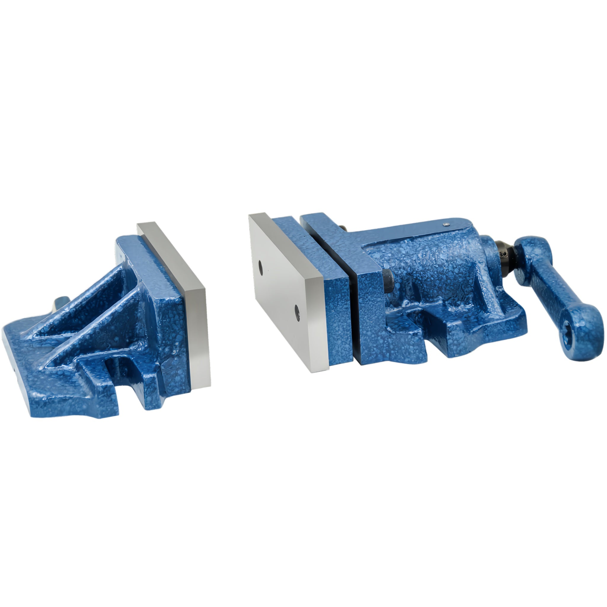 A two-piece milling vice made of cast iron with hardened and ground jaws, featuring a detachable handle.