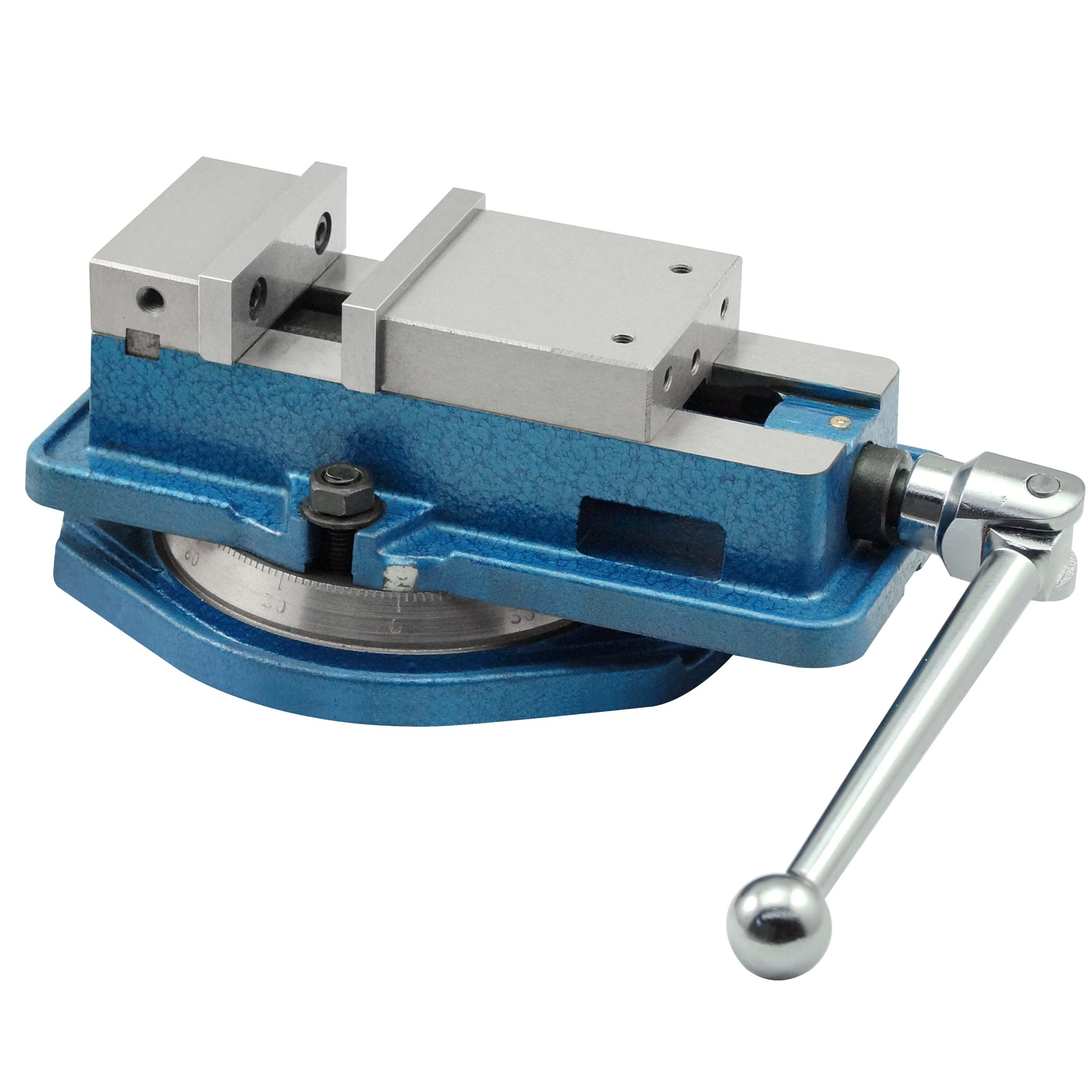 A blue and silver metal angle clamp vise with a long adjustment handle, shown on a plain white background.
