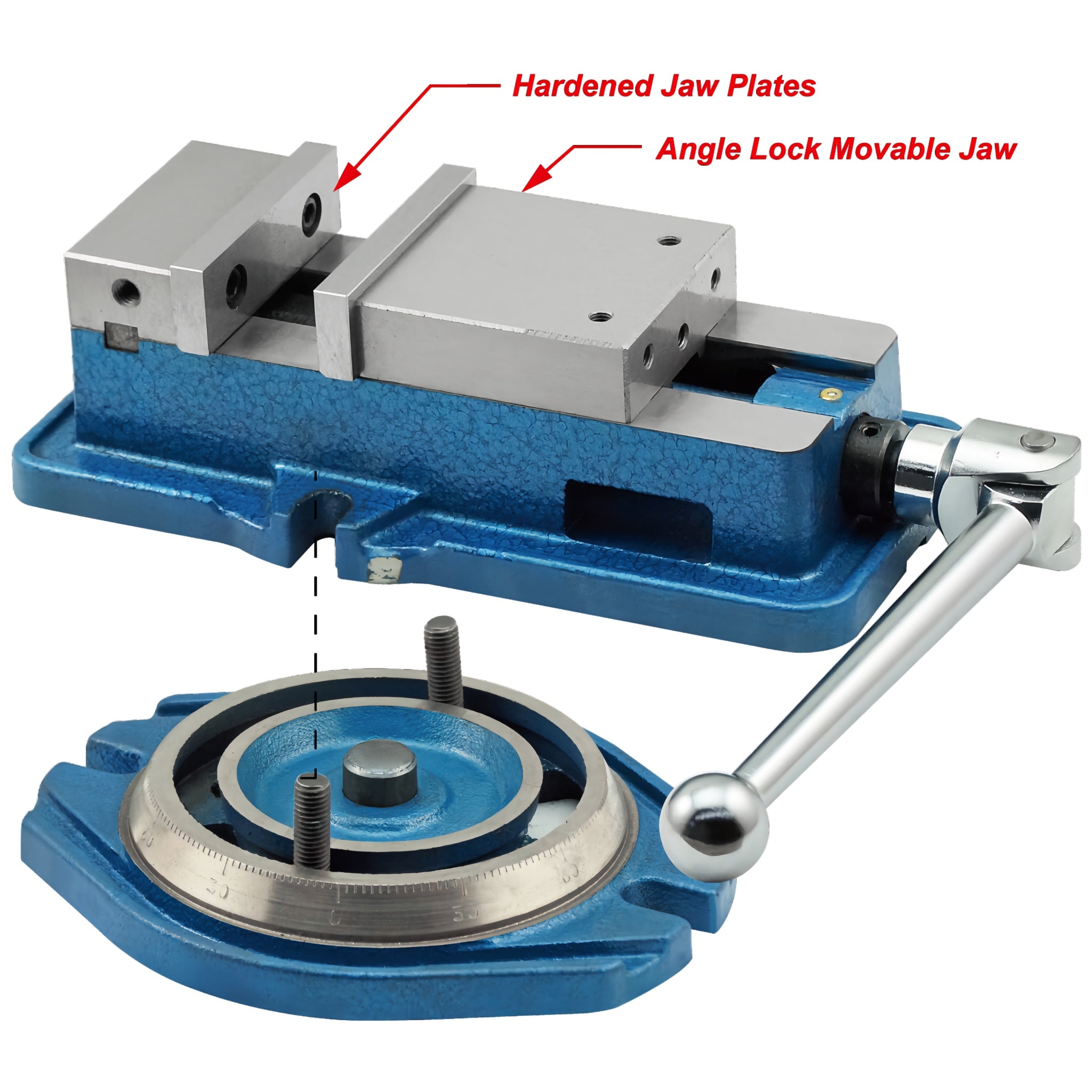 A blue and silver metal lathe tailstock or boring attachment shown on a white background with red callout labels pointing to hardened jaw plates and angle lock movable jaw. A separate circular base component is displayed below.