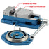 A blue and silver metal lathe tailstock or boring attachment shown on a white background with red callout labels pointing to hardened jaw plates and angle lock movable jaw. A separate circular base component is displayed below.