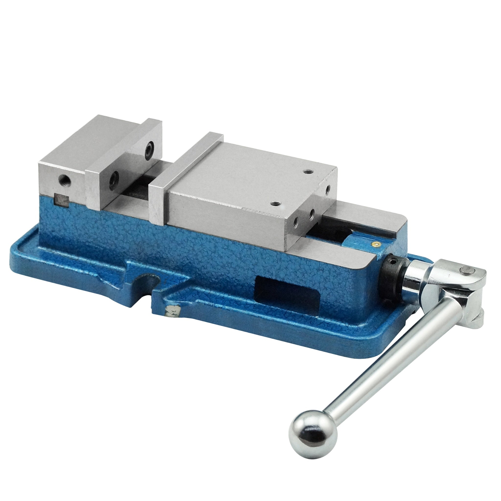 A blue cast iron bench vise with a silver metal jaw and a silver handle with a ball end, shown on a plain white background.