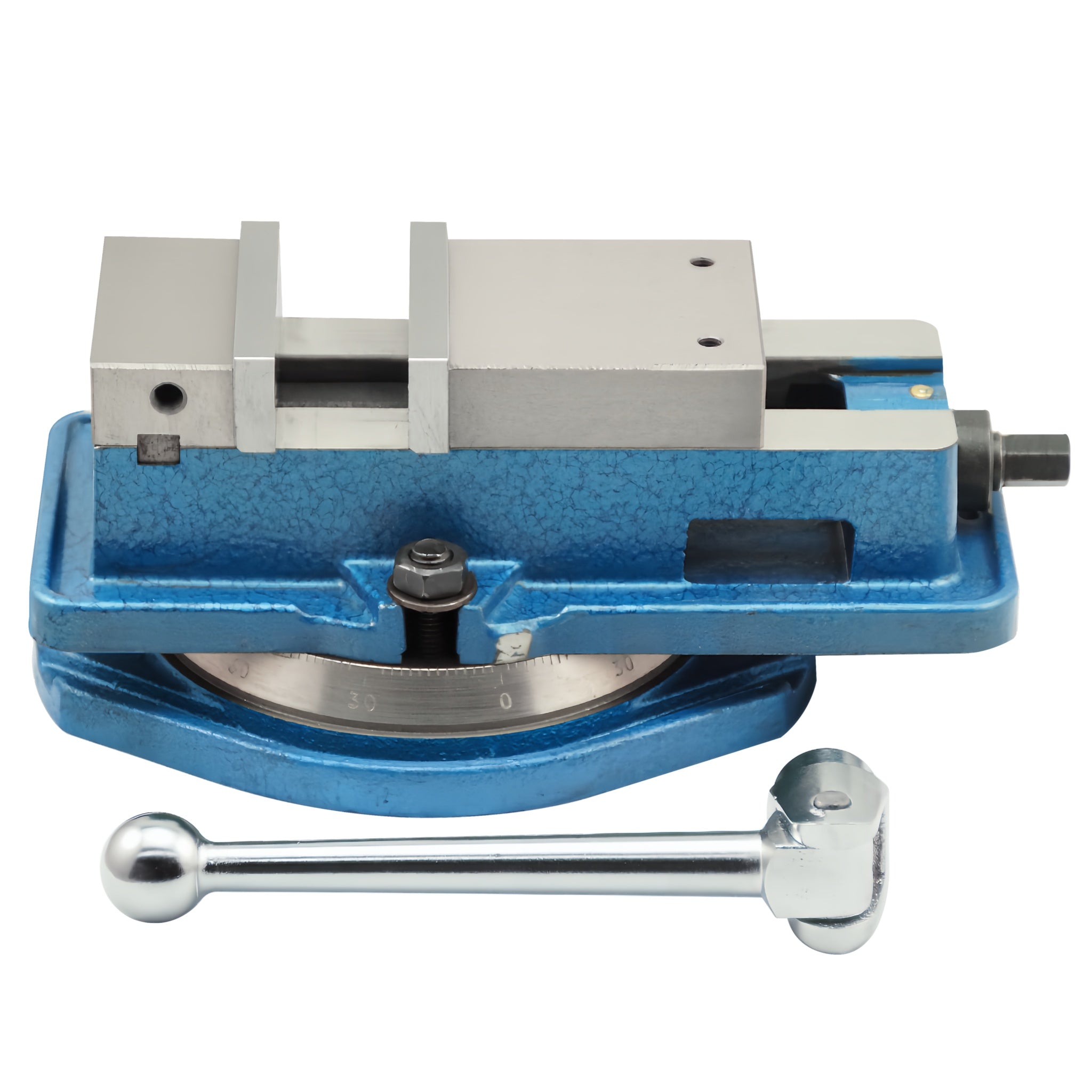A blue and silver precision bench vise with a separate silver adjustment wrench, shown on a clean white background.