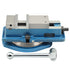 A blue and silver precision bench vise with a separate silver adjustment wrench, shown on a clean white background.