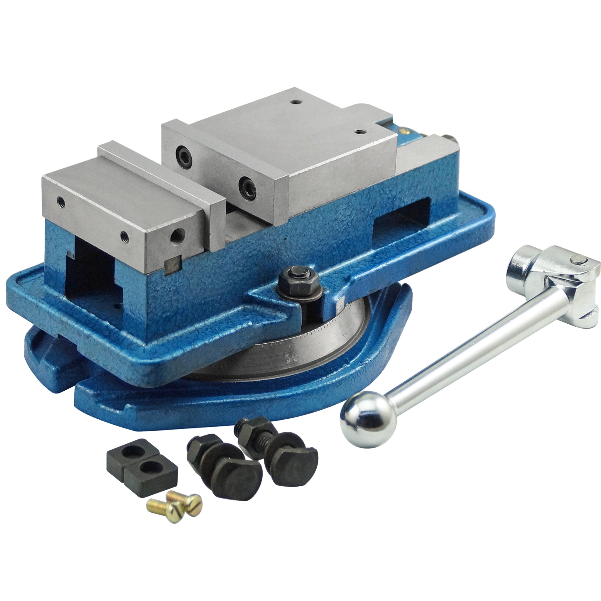 A blue and silver industrial bench vise with a hand crank handle, shown on a white background with included mounting hardware.