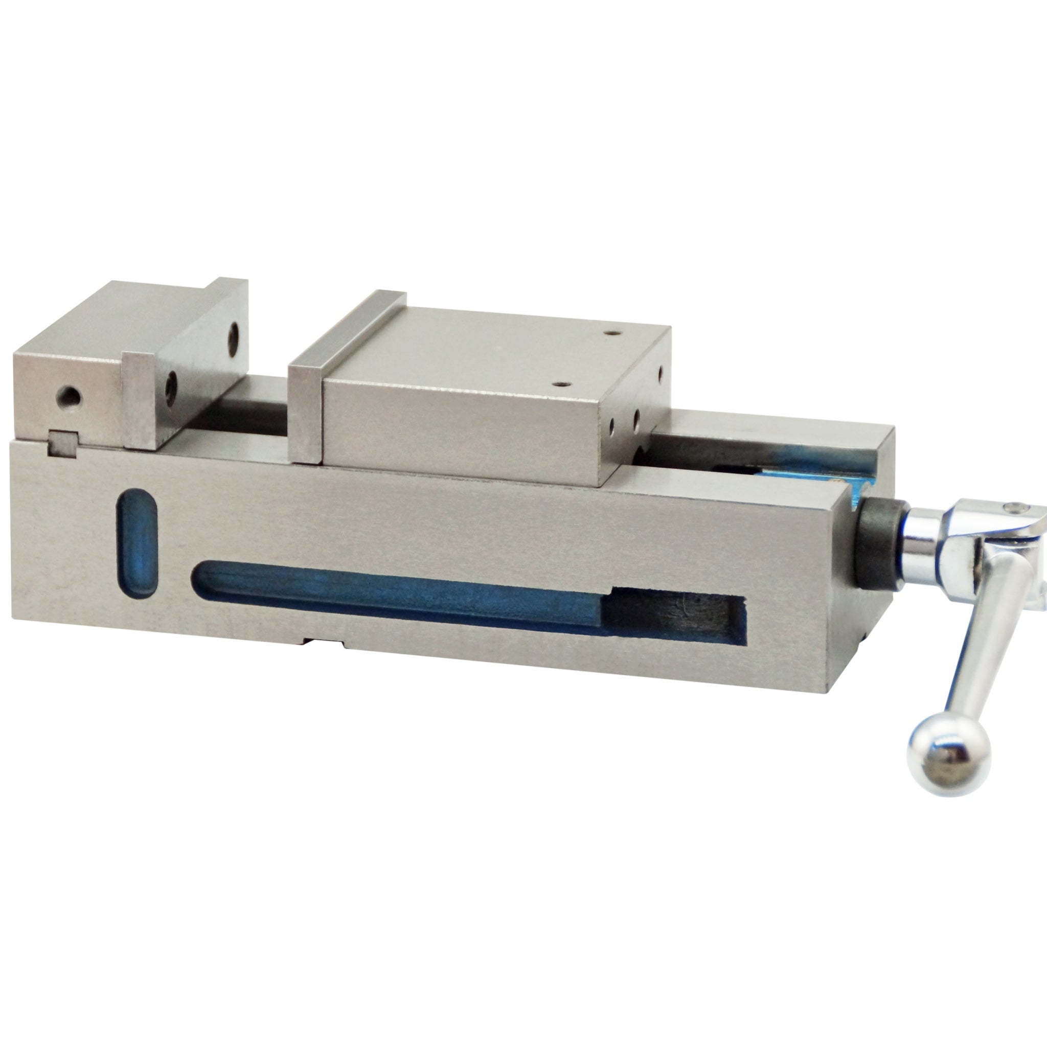 A metallic sliding clamp or fixture with a silver metal body, a blue sliding guide, and a silver handwheel on a plain white background.