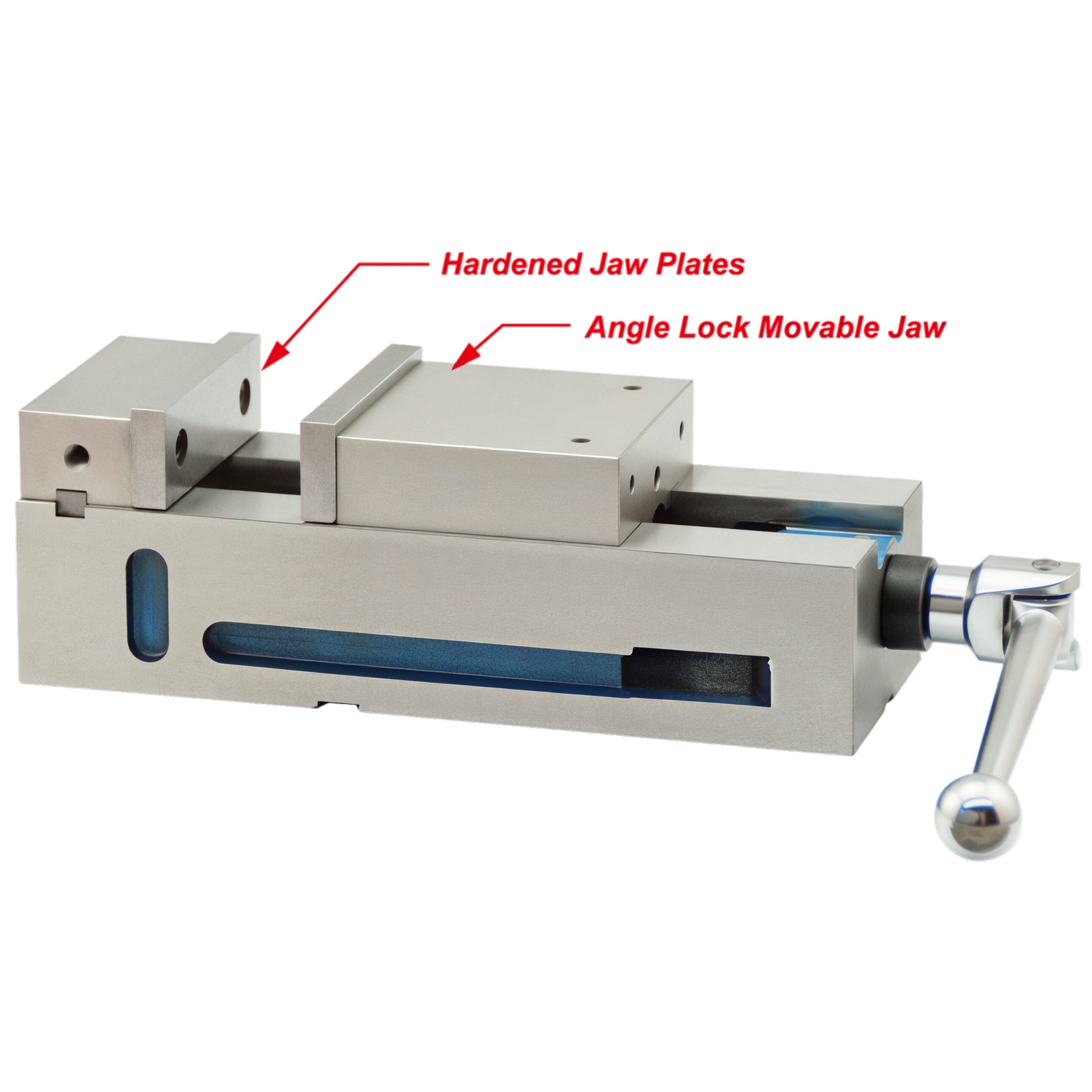 A metal bench vise or clamp with labeled callouts reading 'Hardened Jaw Plates' and 'Angle Lock Movable Jaw' on a plain white background.