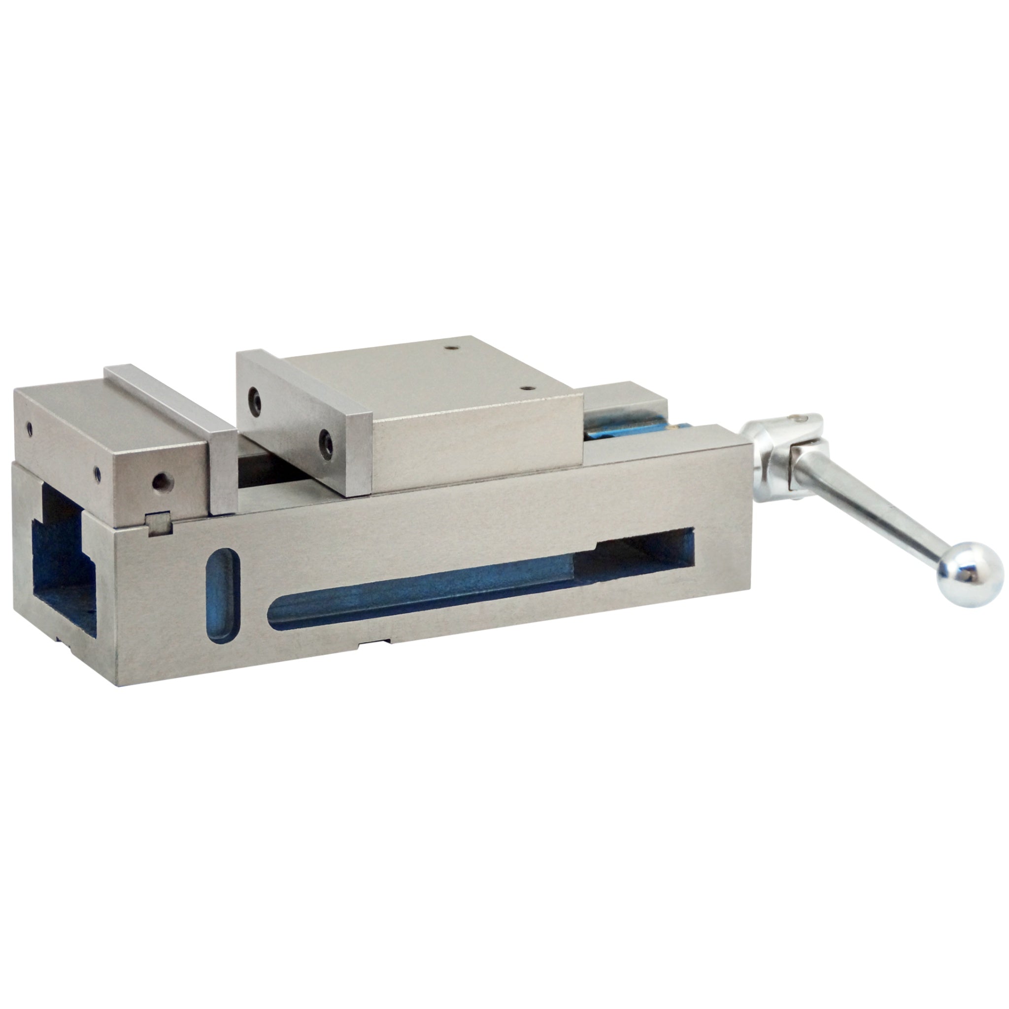 A metallic precision slide clamp or mechanical fixture with a silver steel body and a chrome handle, shown on a plain white background.