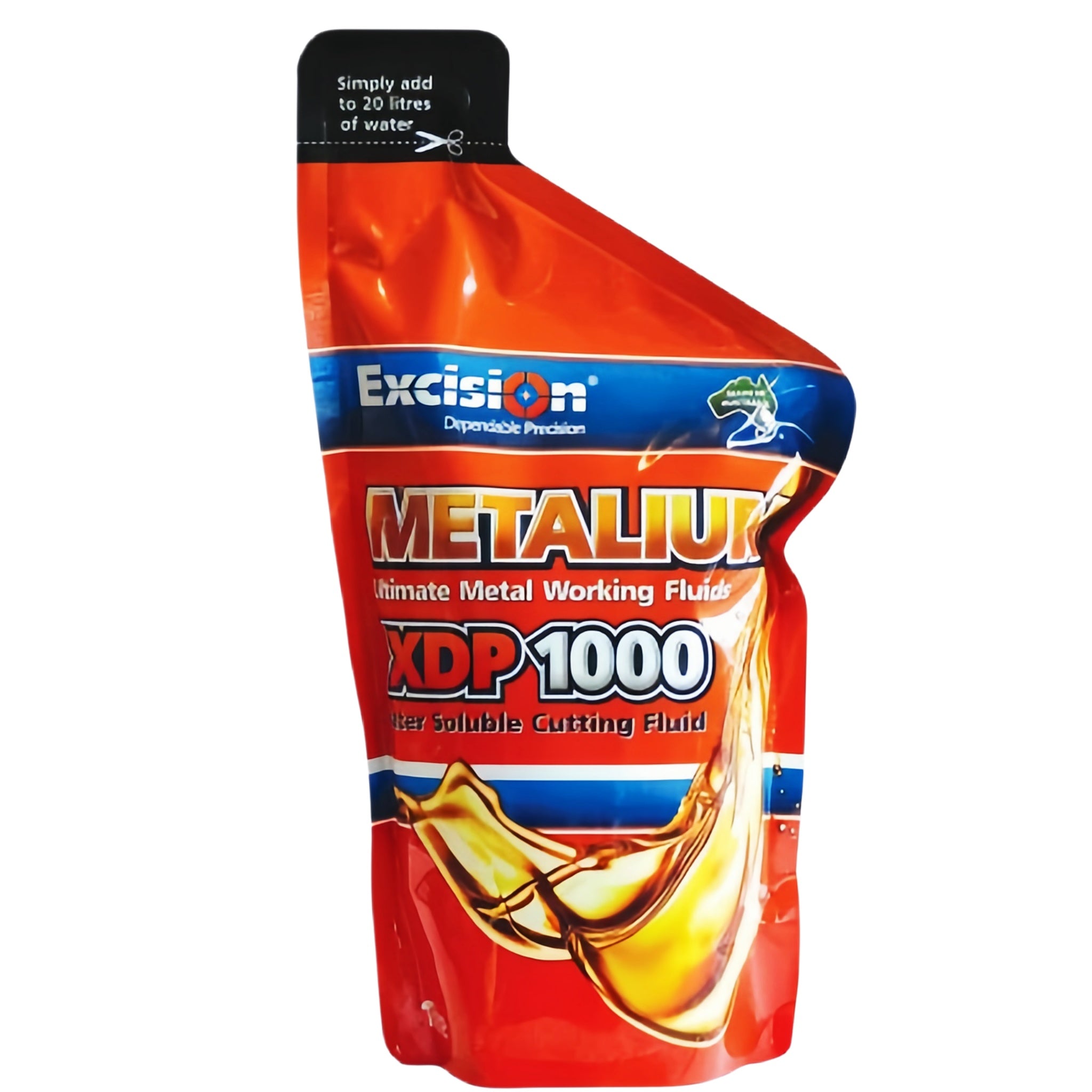 A pouch of Excision Metalium XDP1000 Soluble Metal Cutting Fluid with red, blue, and orange colors on the packaging.