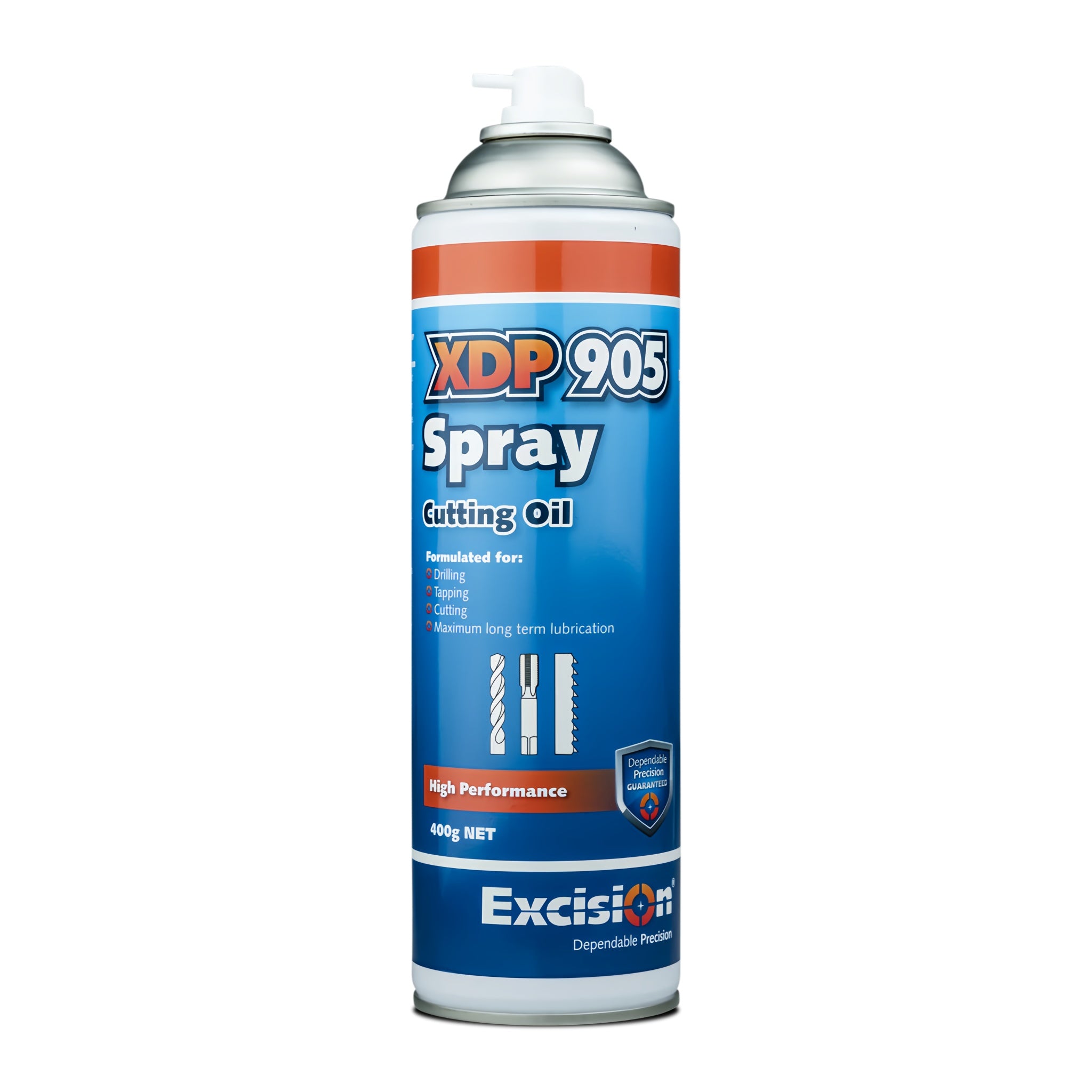 A can of Excision XDP 905 Cutting Oil spray, featuring a blue and white label with orange accents, on a plain white background.