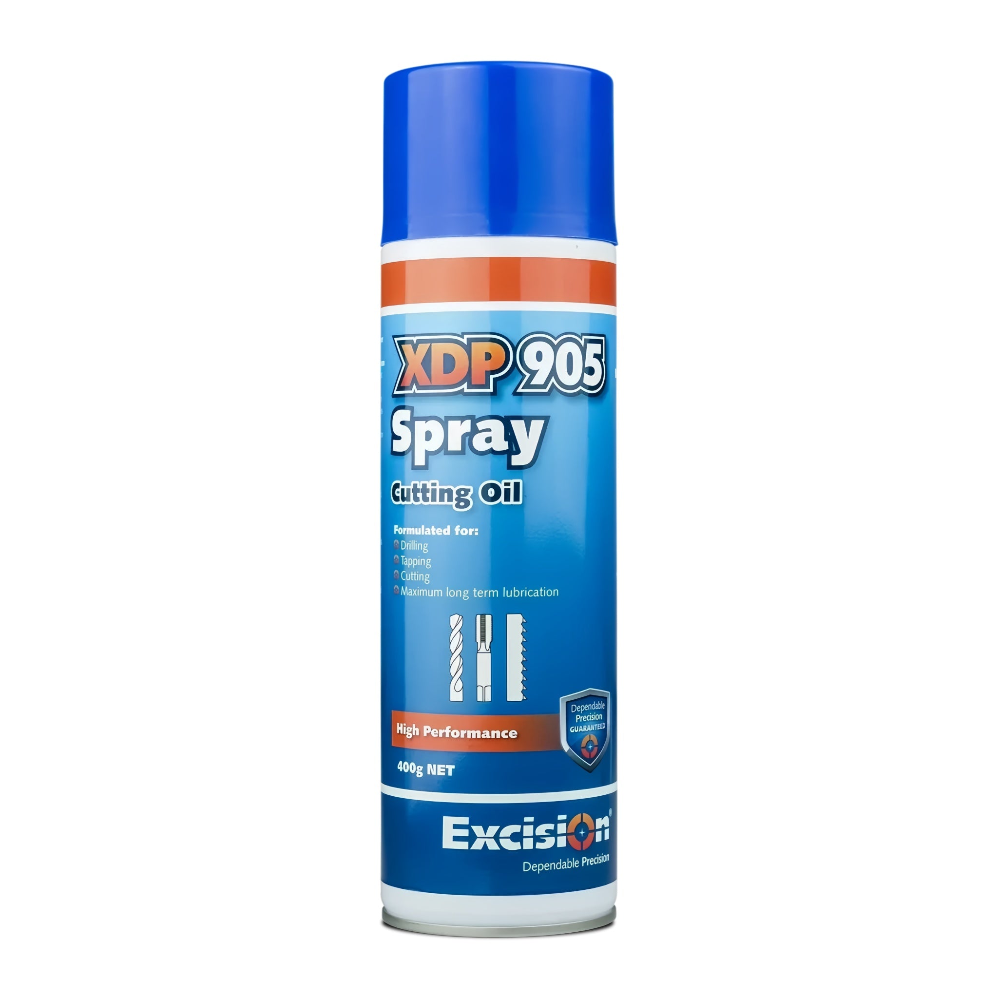A can of XDP905 Spray cutting oil by Excision, predominantly blue and white with product details and branding.