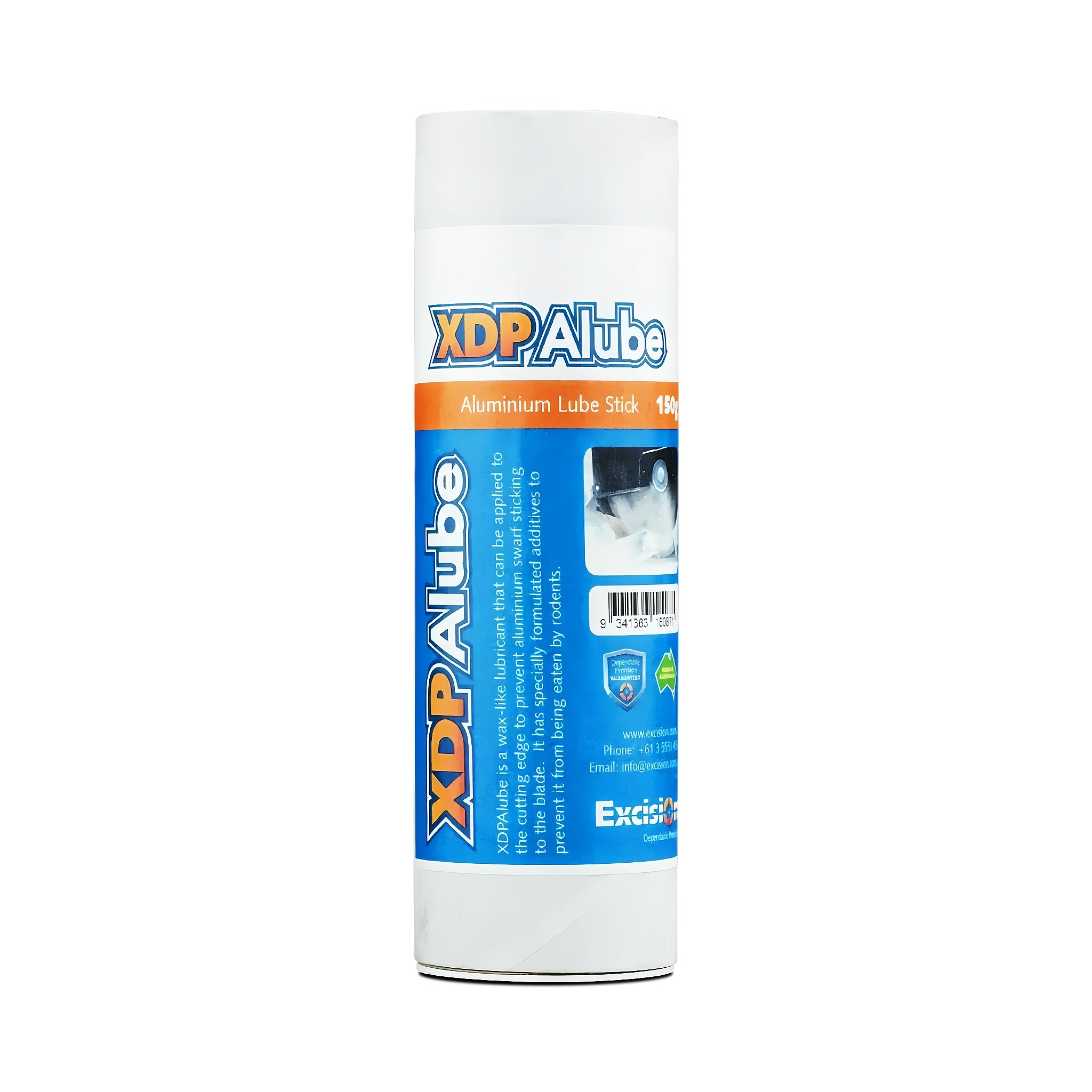 A white cylindrical can of XD Aluminium Lube Stick 19mm, featuring a blue and orange label with product details and a small application photo, set against a plain white background.