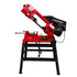A red and black reciprocating band saw machine mounted on a black metal stand, shown against a plain white background.