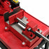 Red metal workbench vise with a white background