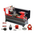SIEG C0 Mini Lathe with red and black color scheme, including an accessory pack which appears to include a 3-jaw self-centring chuck, lathe tools, and an adjustable tailstock.