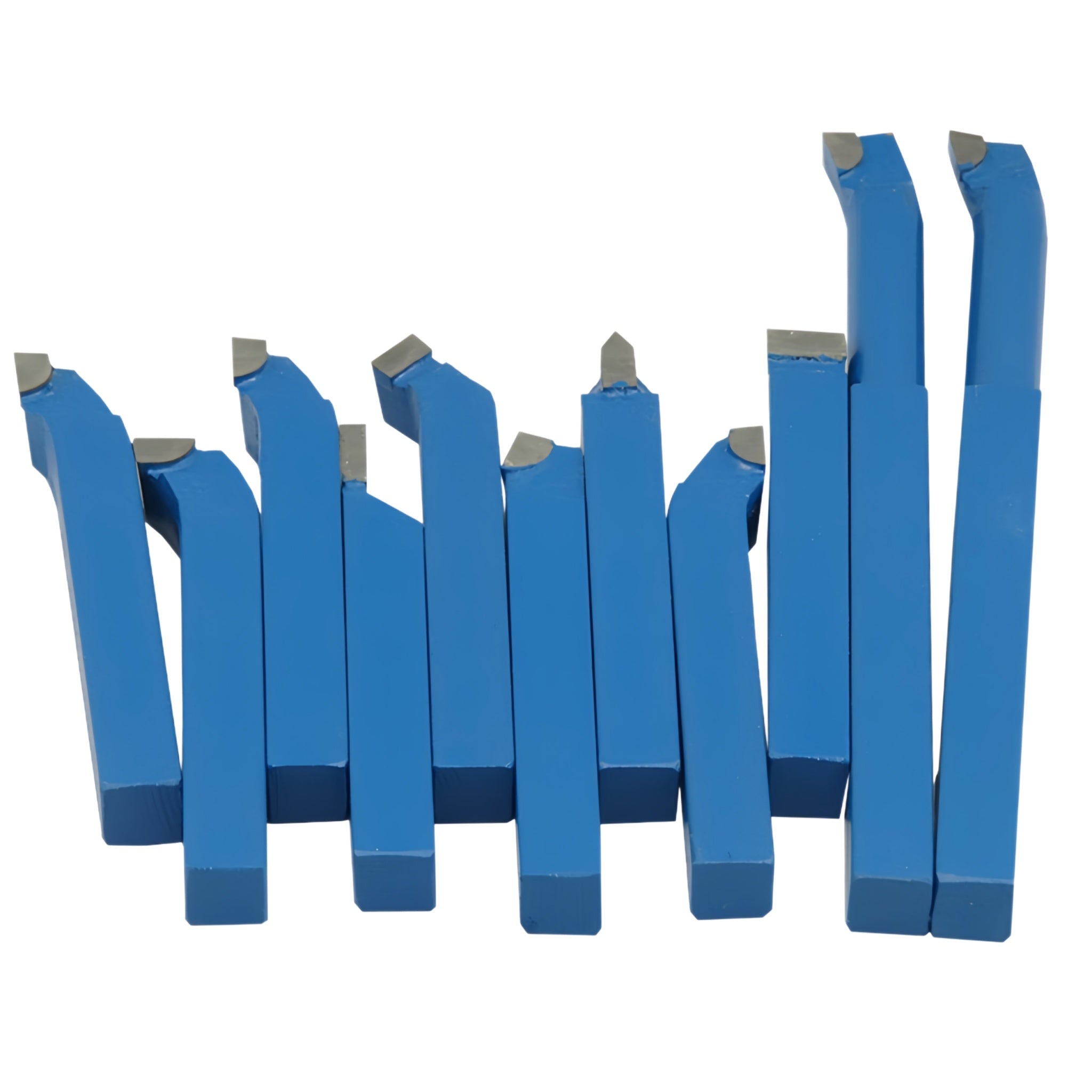A collection of carbide tipped lathe tools in blue color with different sizes, aligned in two rows on a white background.