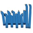 A collection of carbide tipped lathe tools in blue color with different sizes, aligned in two rows on a white background.