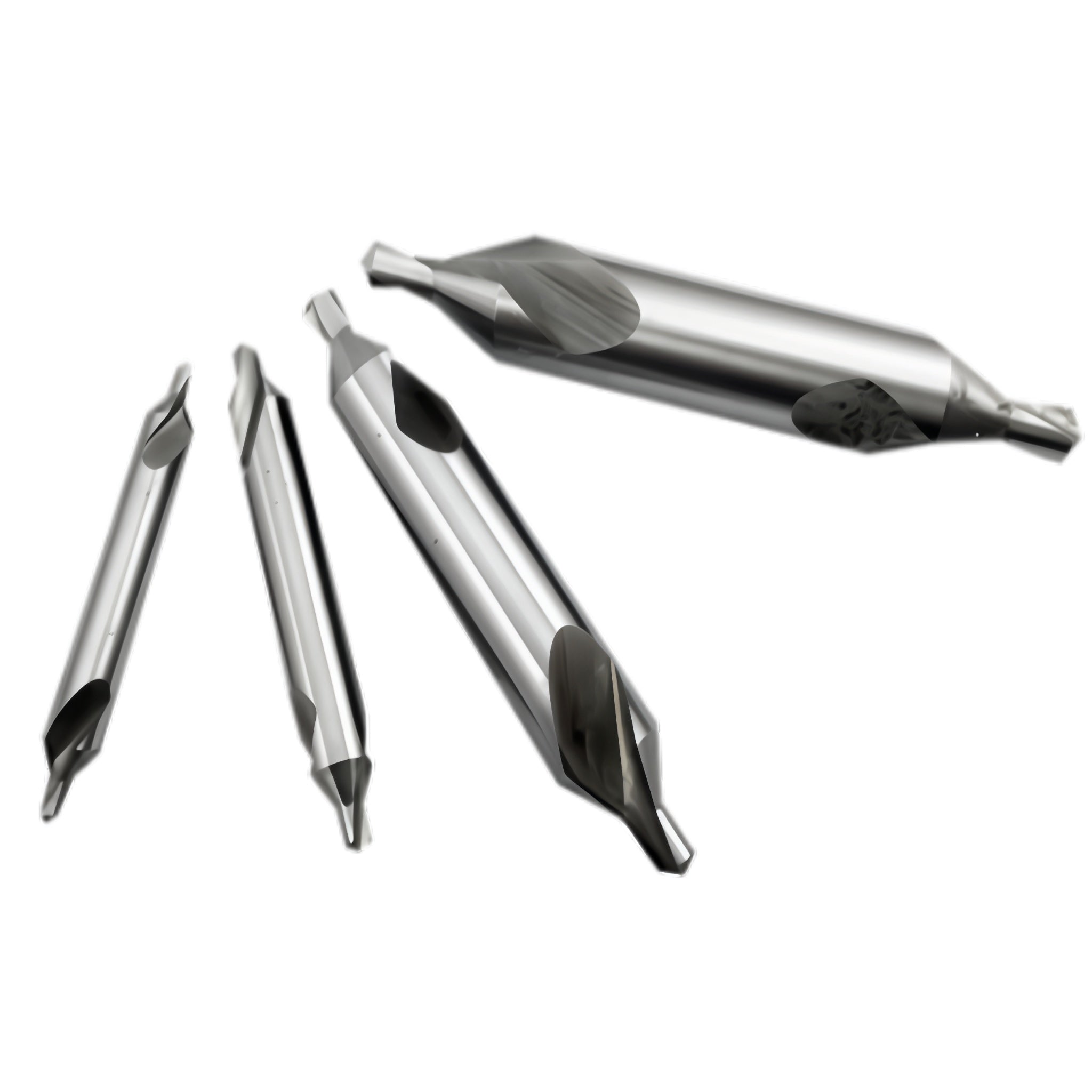 Four metallic cylindrical drill bits in different sizes, arranged diagonally on a plain white background.