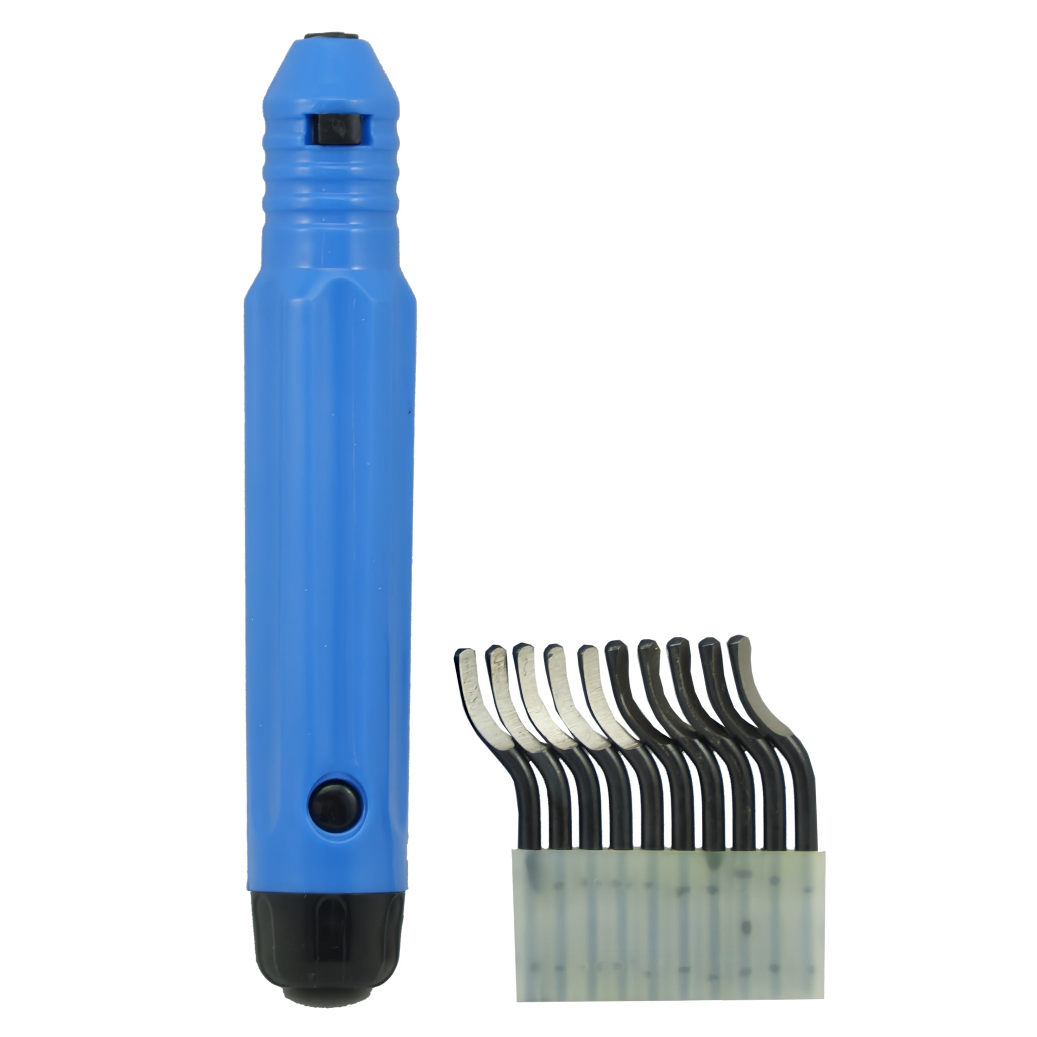 A blue and black electric pen-style tool shown next to a small set of metal needle-like attachments on a white background.