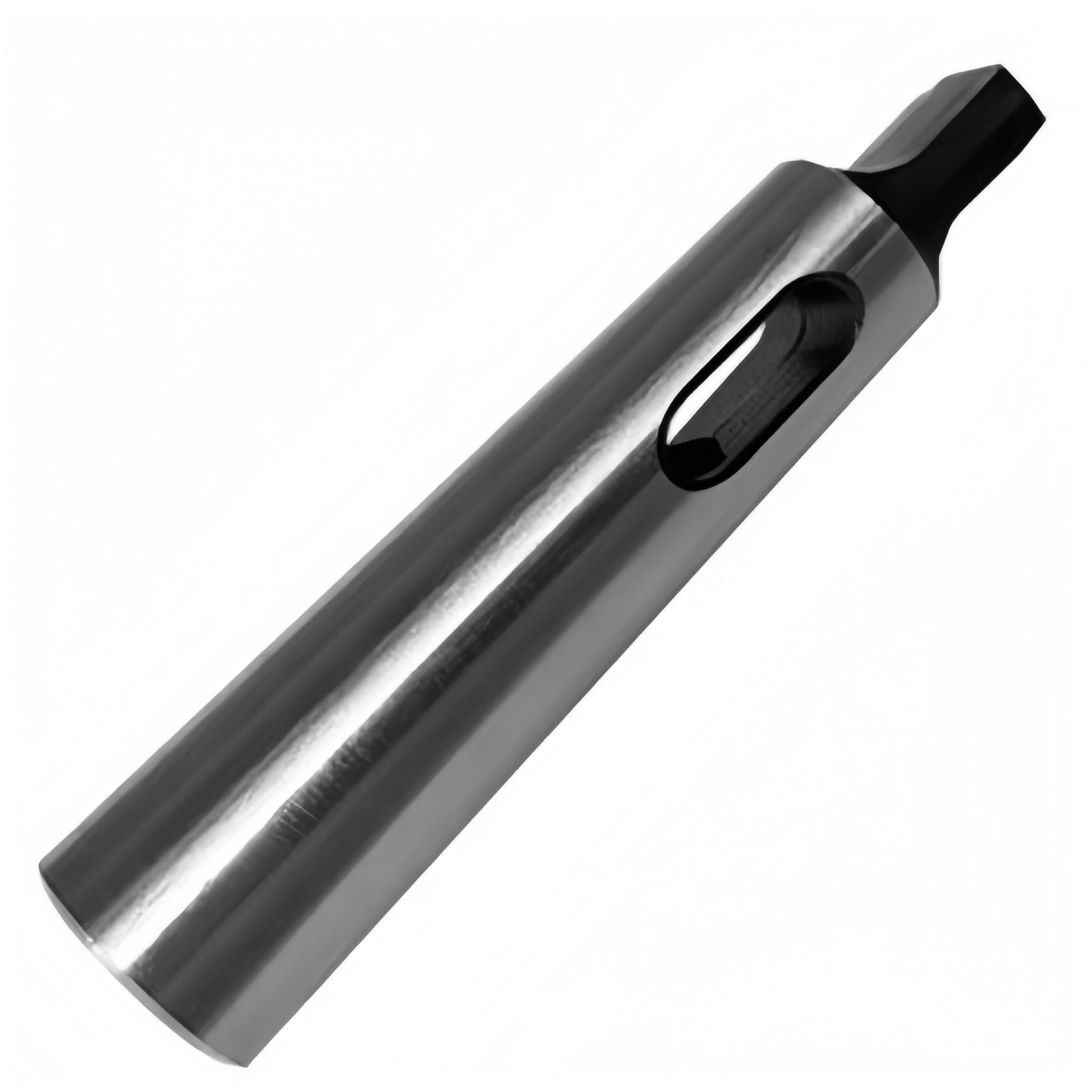 A silver-colored Morse taper adaptor or sleeve, cylindrical in shape, with a tang visible on one end.