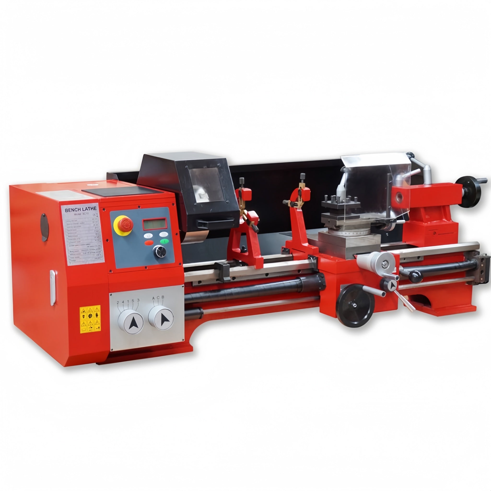 A red and black bench lathe machine with a control panel, shown on a plain white background.