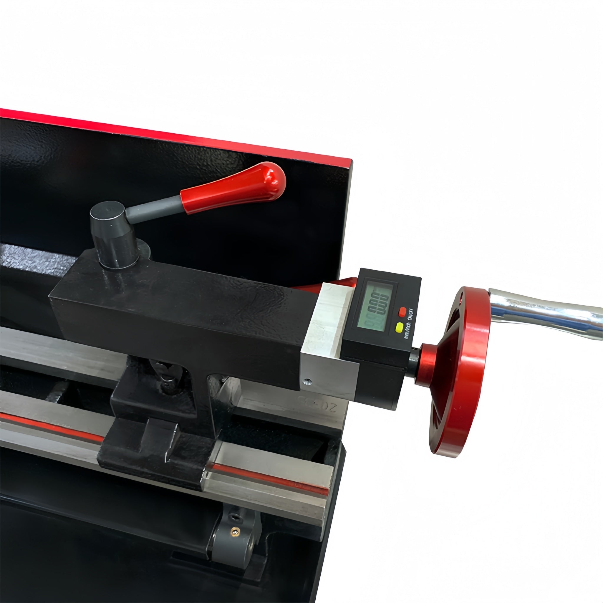 Close-up of a black and silver metal lathe machine tailstock and DRO with red accents, including a red-handled lever, a red wheel, and a small digital display on a white background.