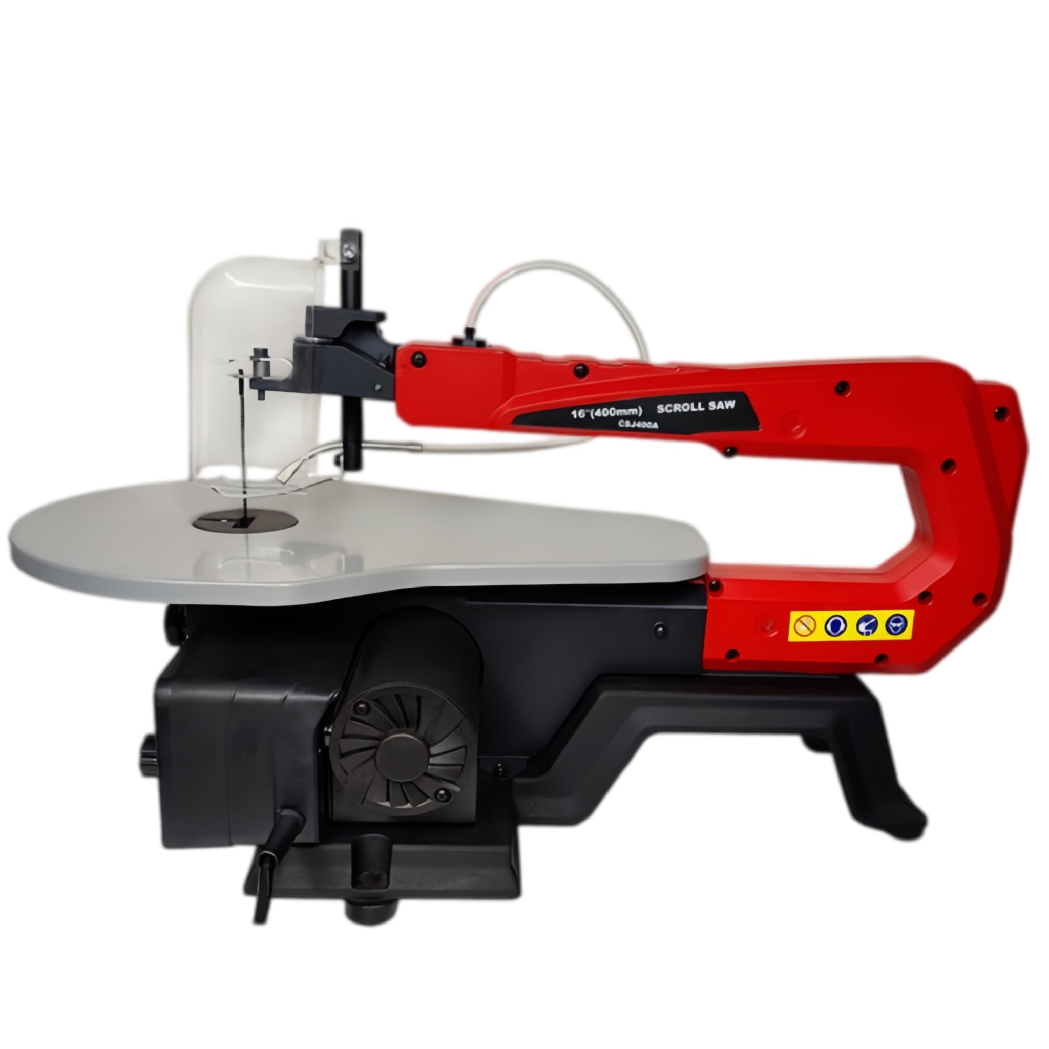 A scroll saw table saw combination with a red arm, black base, and silver cutting table, shown against a plain white background.