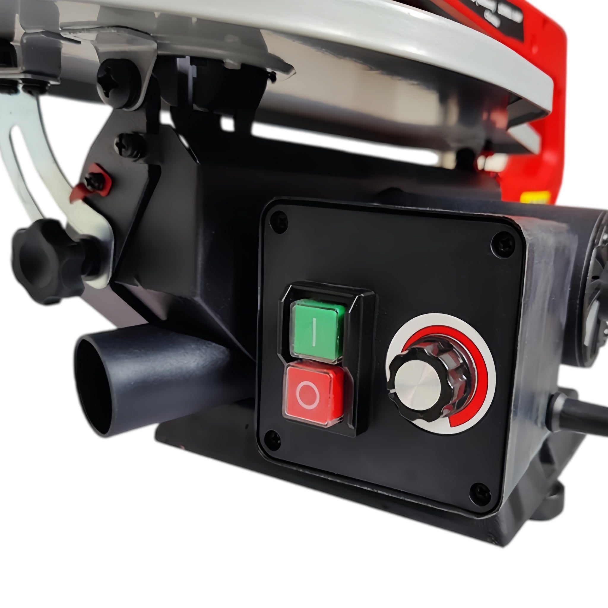 Close-up of a circular saw control panel with a black housing, red and green start/stop buttons, and a rotary adjustment knob on a white background.