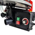 Close-up of a circular saw control panel with a black housing, red and green start/stop buttons, and a rotary adjustment knob on a white background.