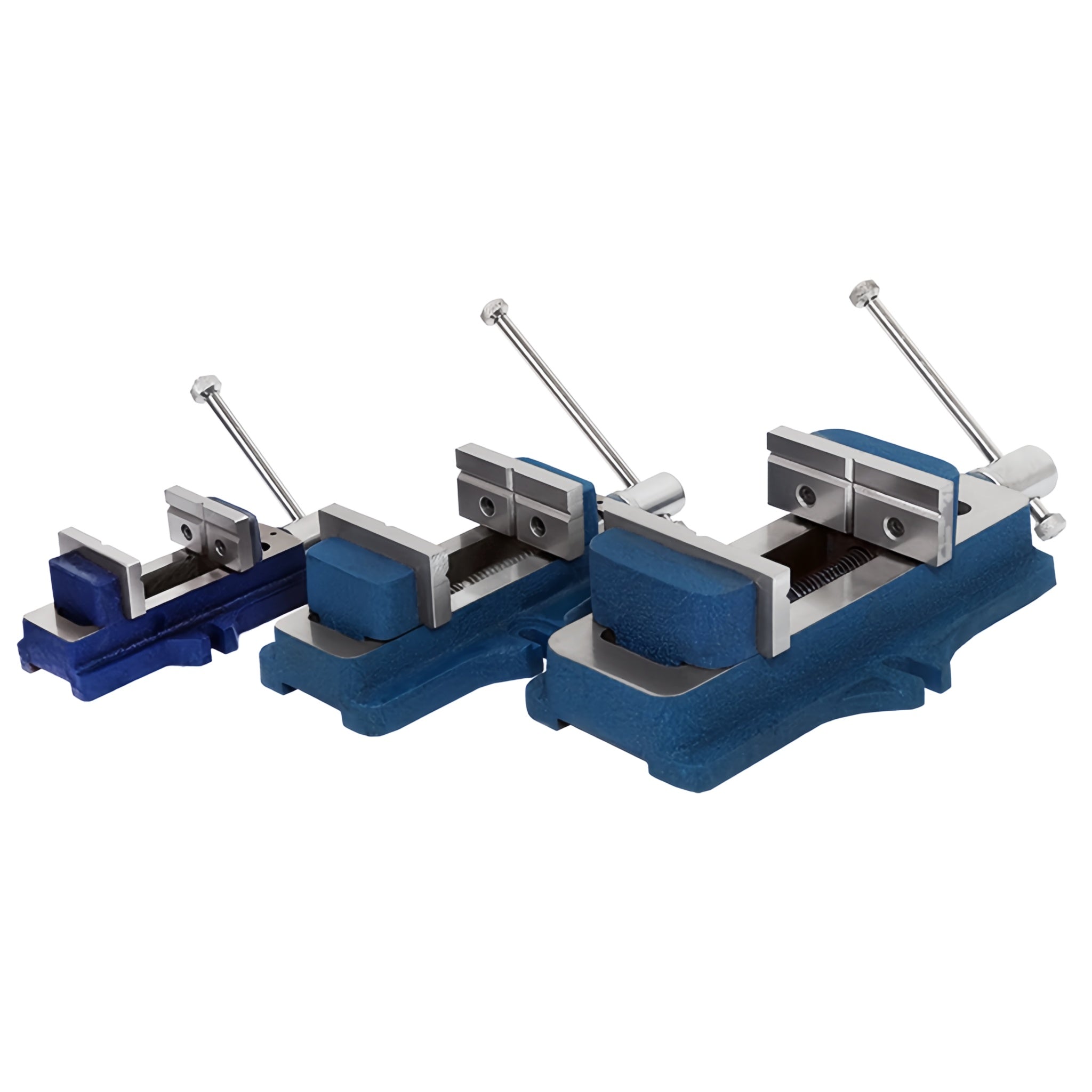 Three blue and silver bench vices of different sizes arranged in a row on a plain white background.