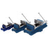 Three blue and silver bench vices of different sizes arranged in a row on a plain white background.