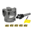 A metal cutting tool set on a white background, featuring a gray carbide rotary end mill, a black and silver shank, five gold-colored carbide insert blades, and a bright yellow protective cover.