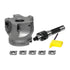A metal rotary shell mill cutting tool kit on a white background, including a gray carbide burr head, a black and silver burr bit, four gray cutting inserts, and a small yellow protective cover.