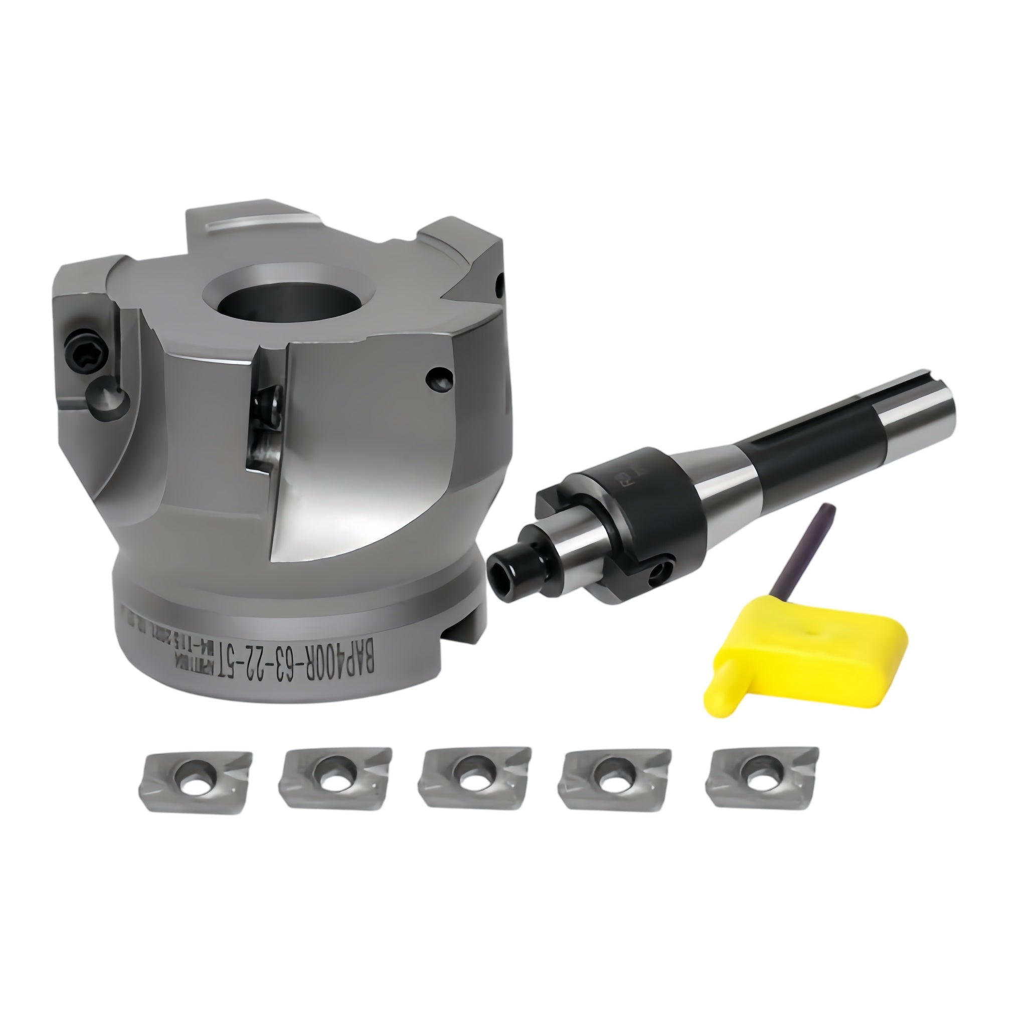 A metal milling head with a black and silver shank, shown with five silver carbide cutting inserts and a small yellow hex key on a plain white background.