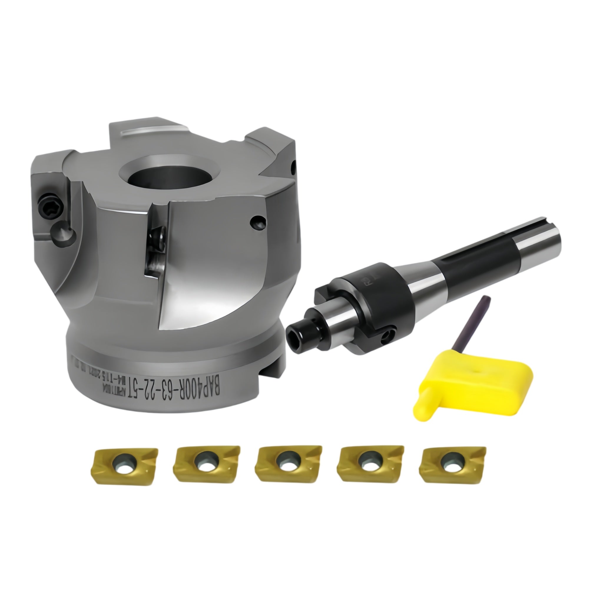 A metal rotary cutting tool set on a white background, including a silver metal burr head, a black and silver cutting shank, five gold-colored carbide inserts, and a small yellow hex key.
