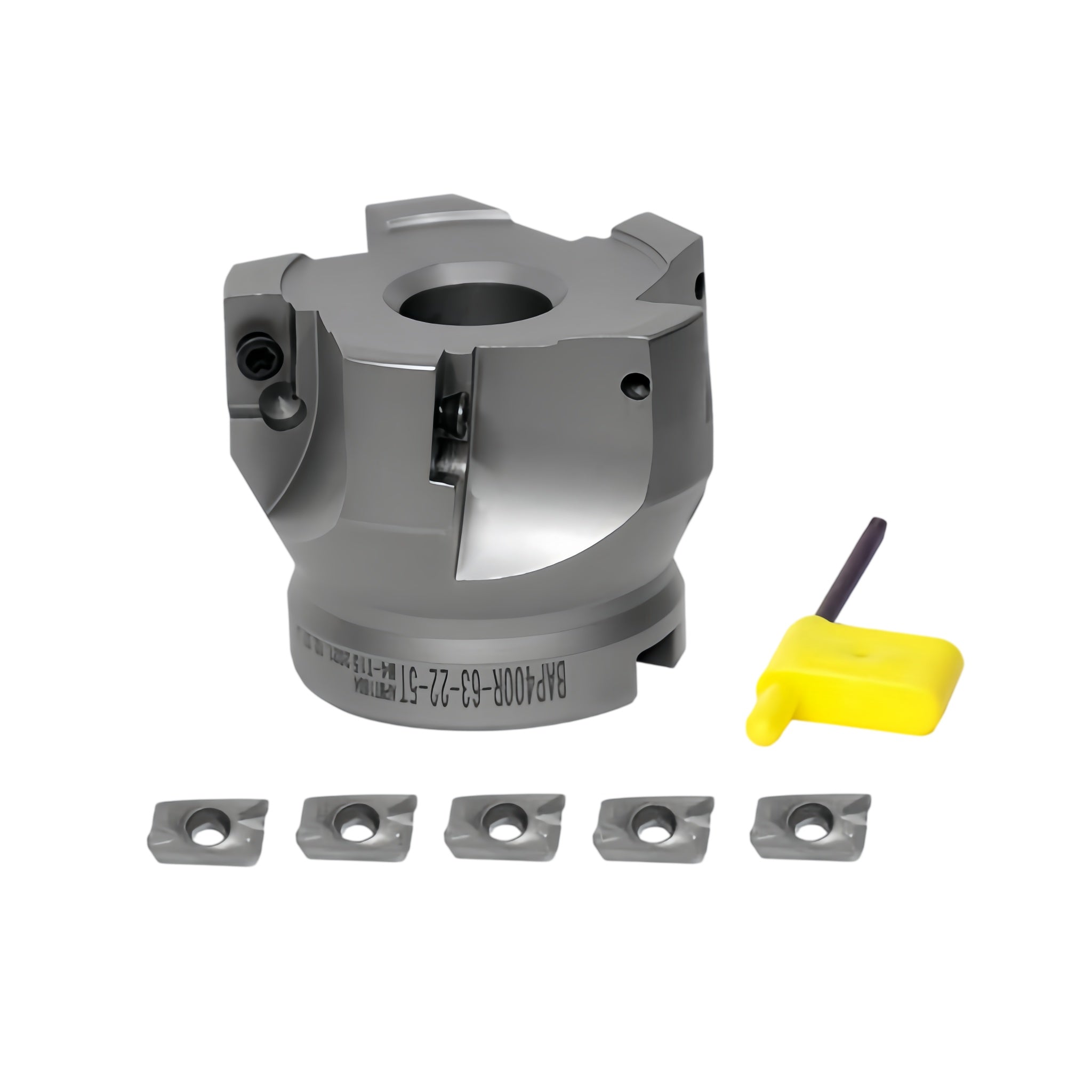 A gray metal cutter head with five matching gray carbide inserts and a small yellow hex key, shown on a plain white background.
