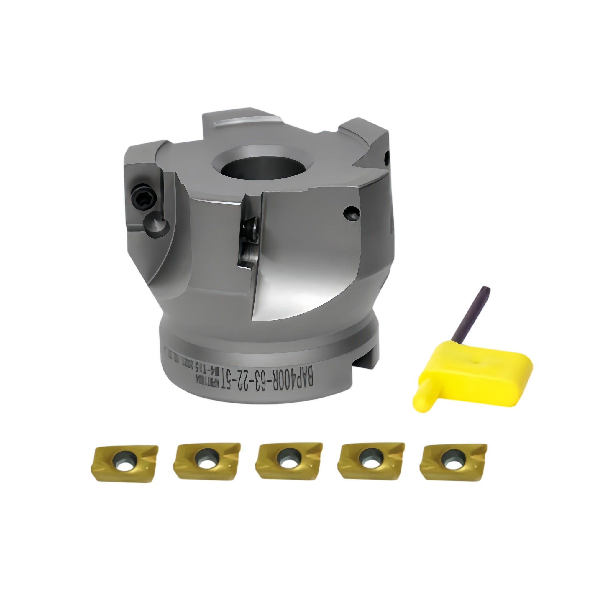 A gray metal turning center cutter head with five gold-colored carbide insert blades and a yellow-handled tool, shown on a plain white background.