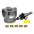 A metal milling cutter head with a arbor, five gold-colored carbide inserts, and a bright yellow protective cover on a plain white background.